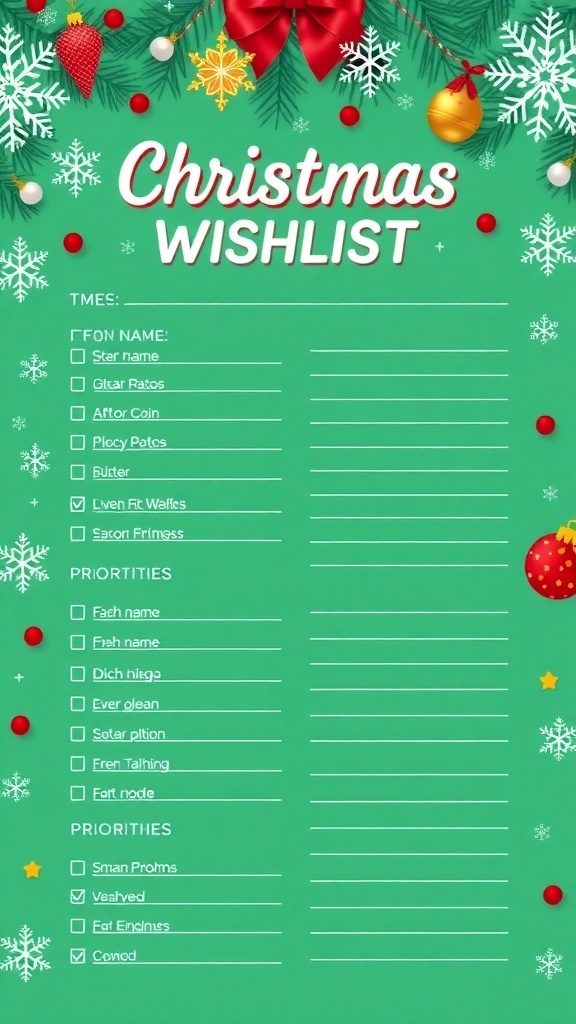 Christmas Wishlist Template A colorful Christmas wishlist template with sections for gifts, decorated with festive holiday designs.